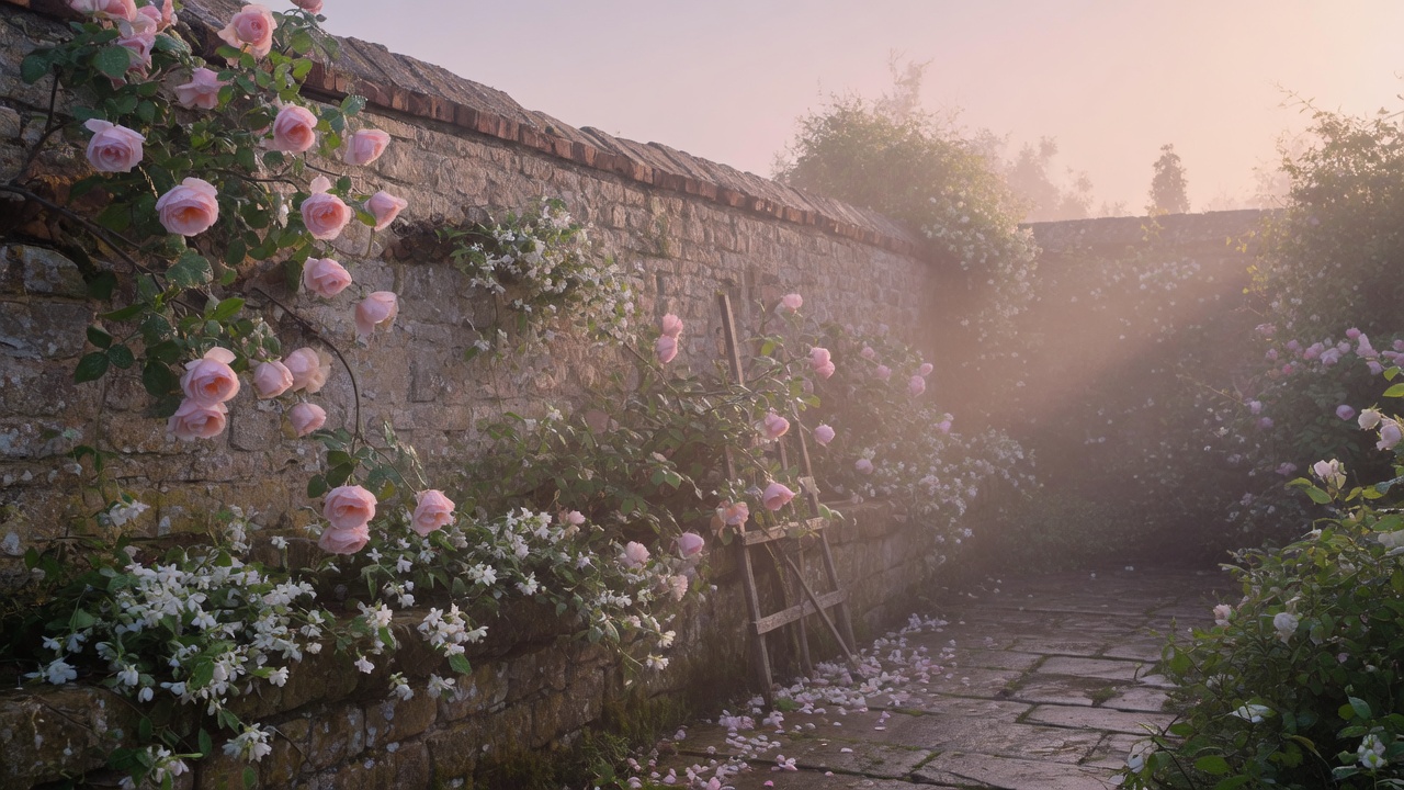 Dawn light over a secret walled rose garden
