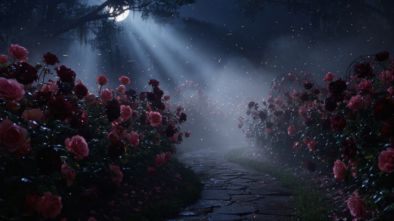 A moonlit rose garden path disappearing into mist