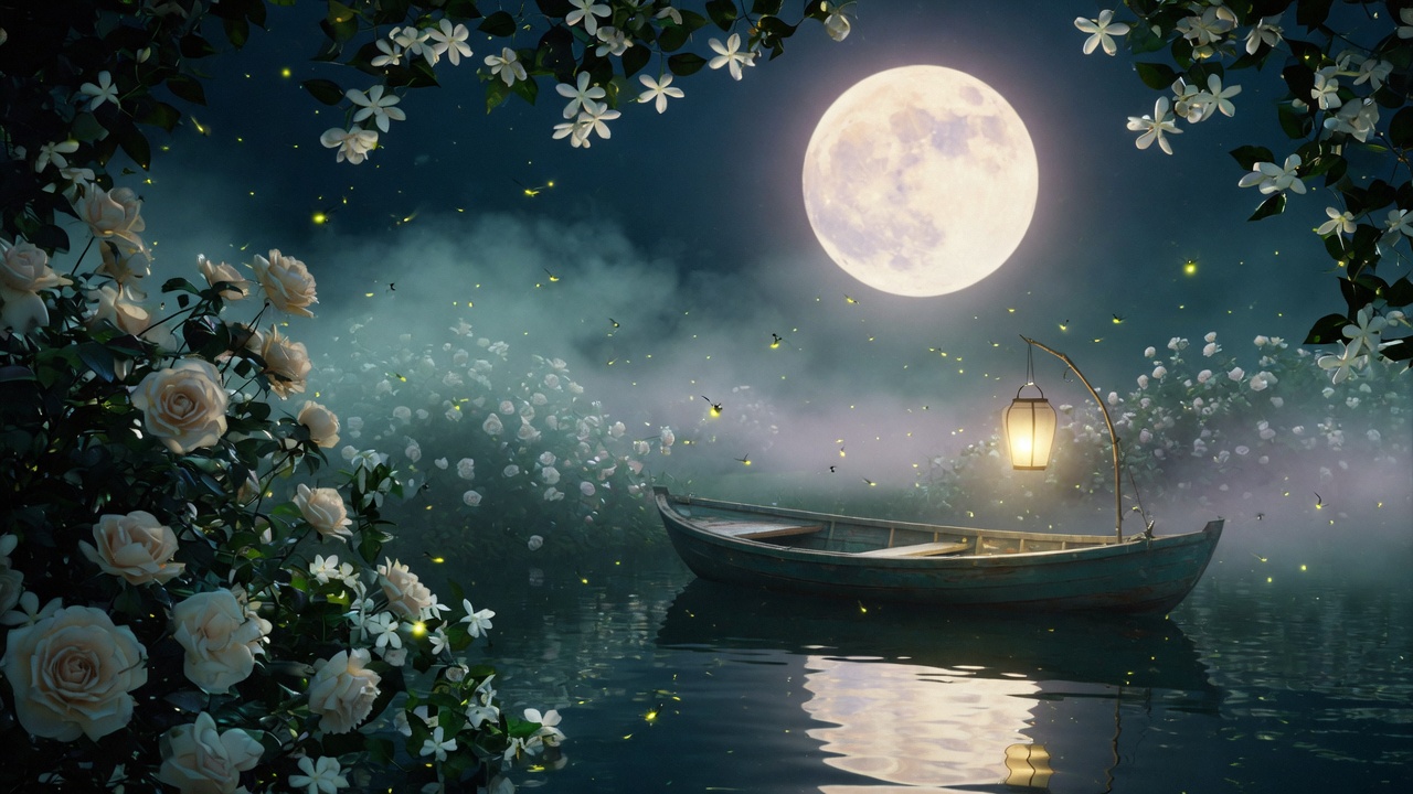 A lantern boat on a misted moonlit lake in a jasmine garden