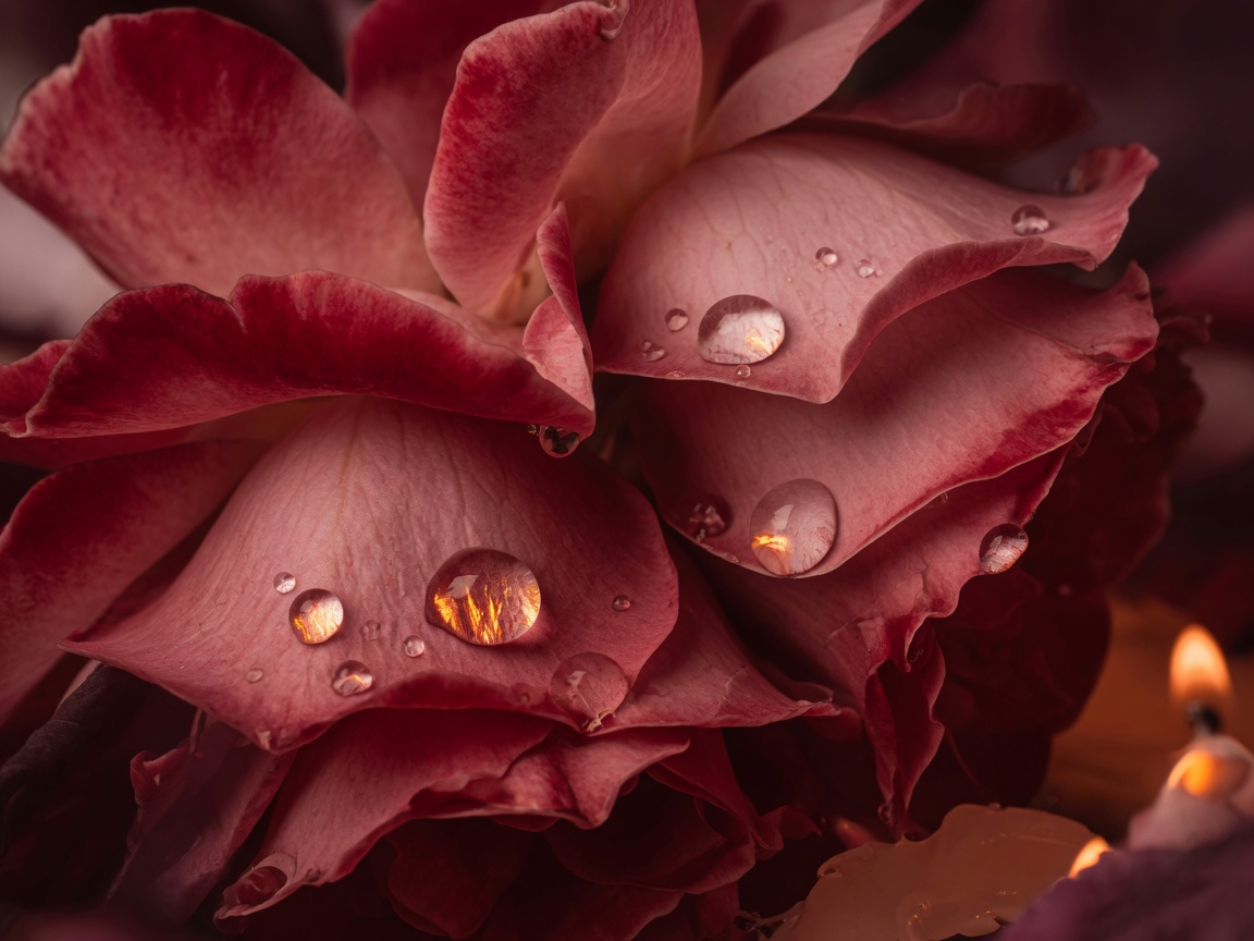 Close velvet rose petals in candlelight