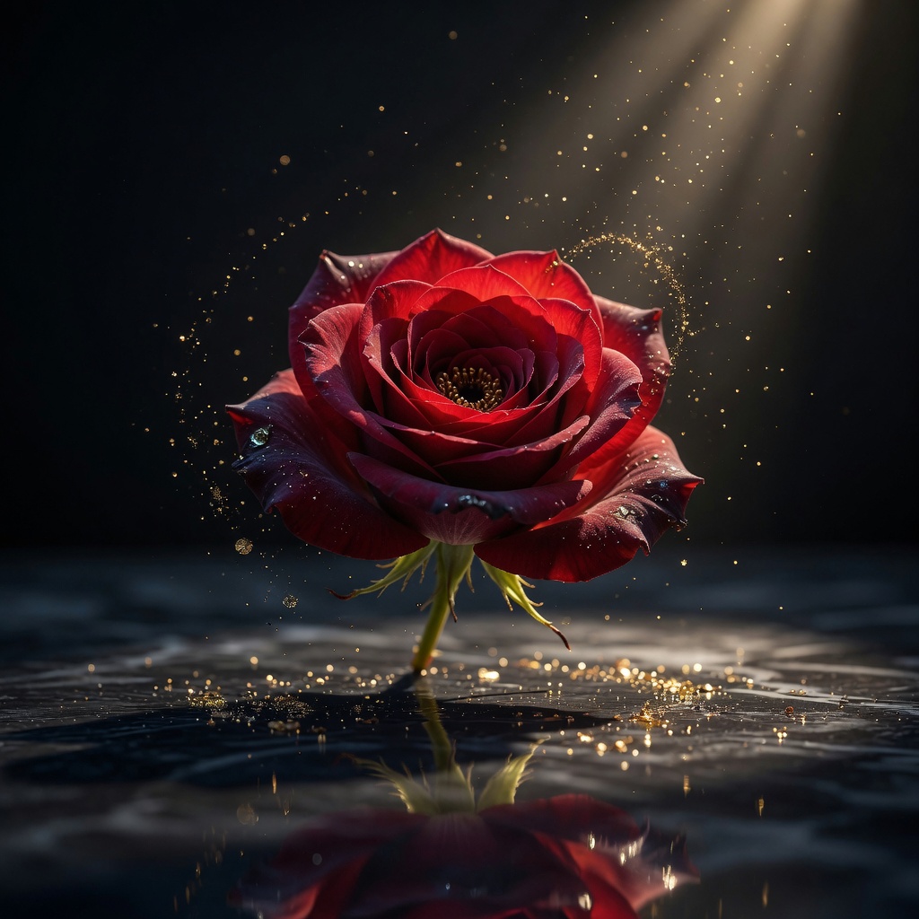 A single rose floating above dark water in gold dust